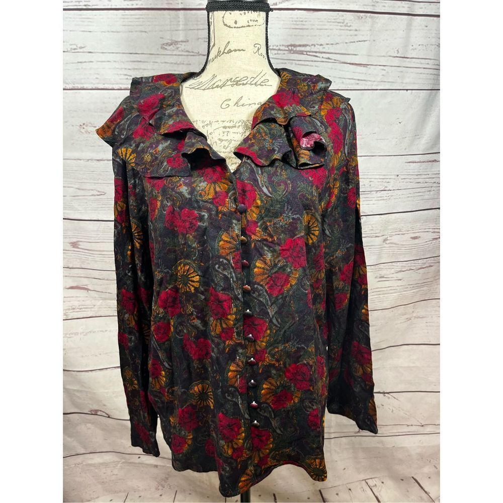 Maggie Lawrence Collection Floral Ruffle Collar Long Sleeve Blouse Top